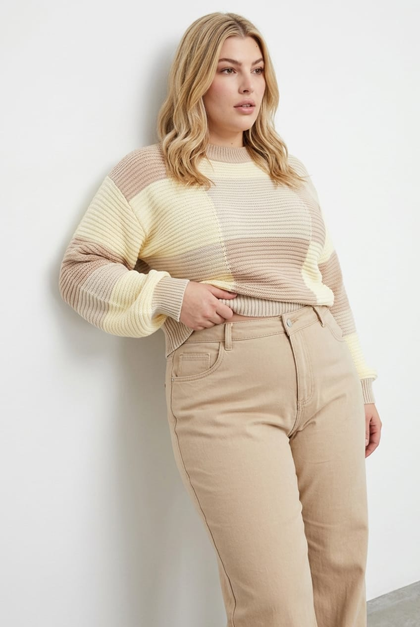 Beige Knit Top Round Neck Long Sleeve Patchwork for YouandAll Fashion