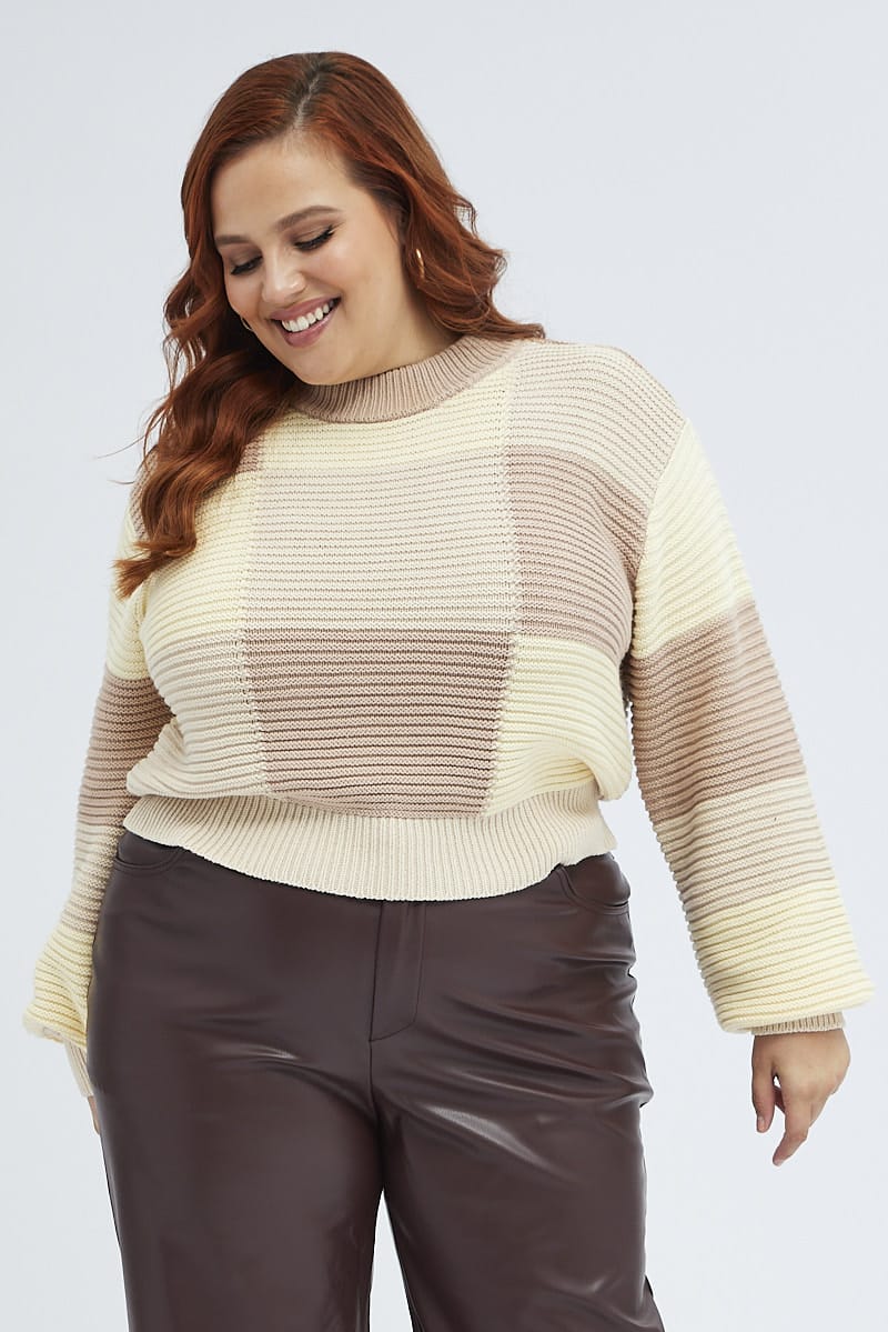 Beige Knit Top Round Neck Long Sleeve Patchwork for YouandAll Fashion