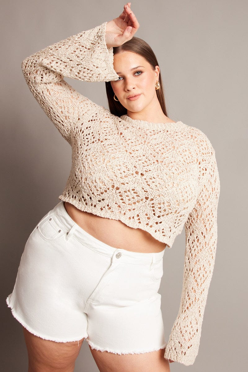 Beige Crochet Knit Top Long Sleeve Crew Neck for YouandAll Fashion