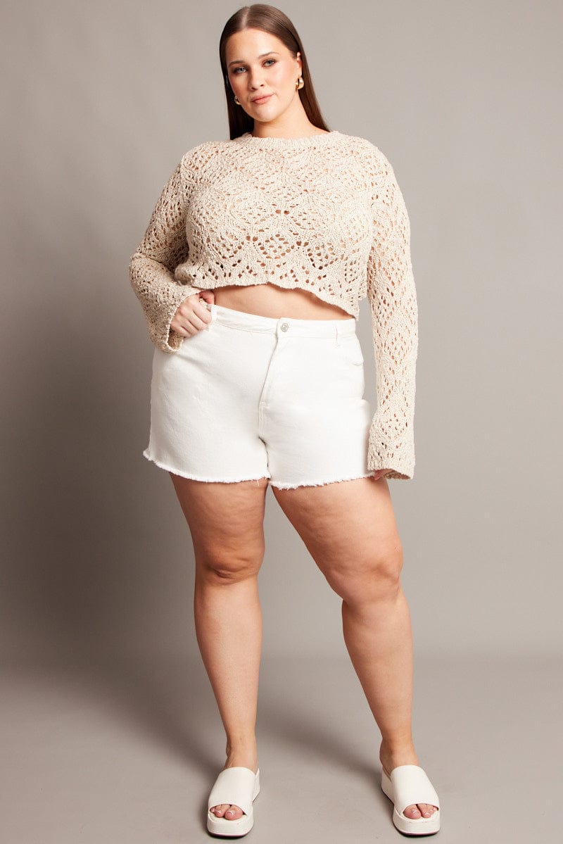 Beige Crochet Knit Top Long Sleeve Crew Neck for YouandAll Fashion