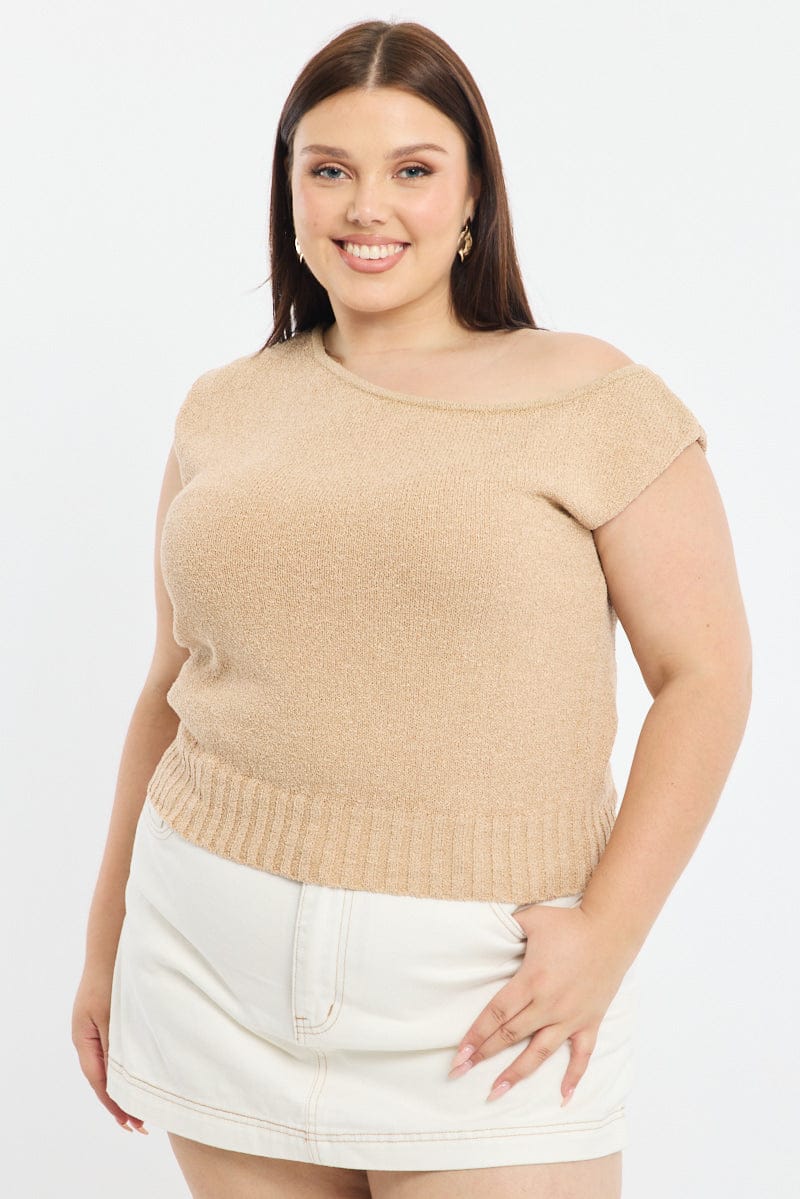 Beige Knit Top One Shoulder for YouandAll Fashion