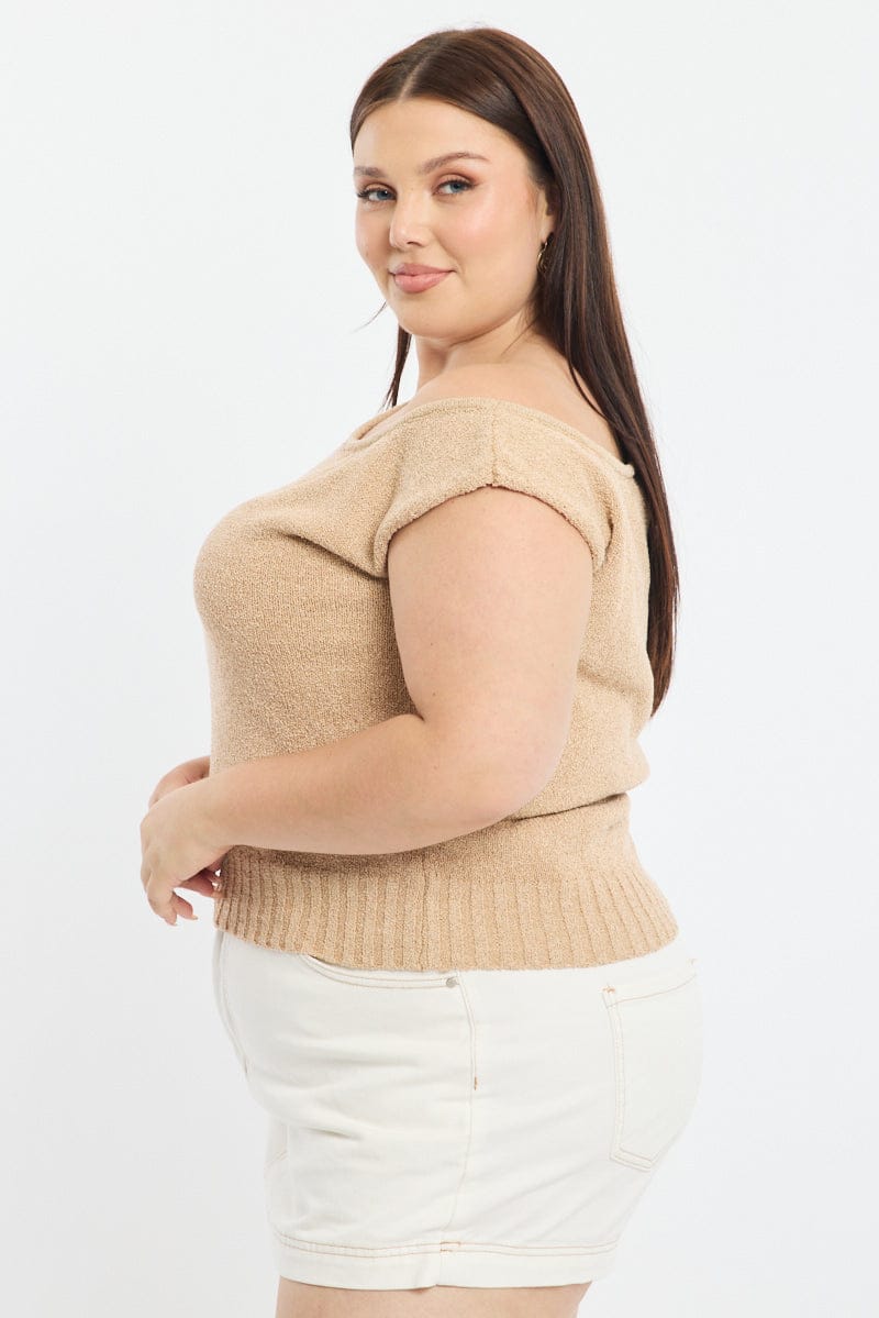 Beige Knit Top One Shoulder for YouandAll Fashion