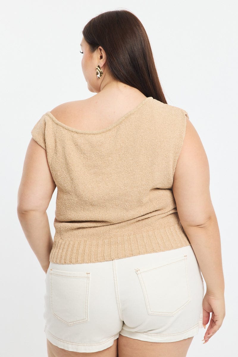 Beige Knit Top One Shoulder for YouandAll Fashion