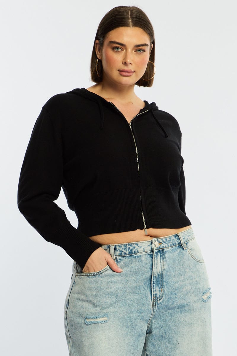 Black Zip Up Knit Cardigan Long Sleeve for YouandAll Fashion
