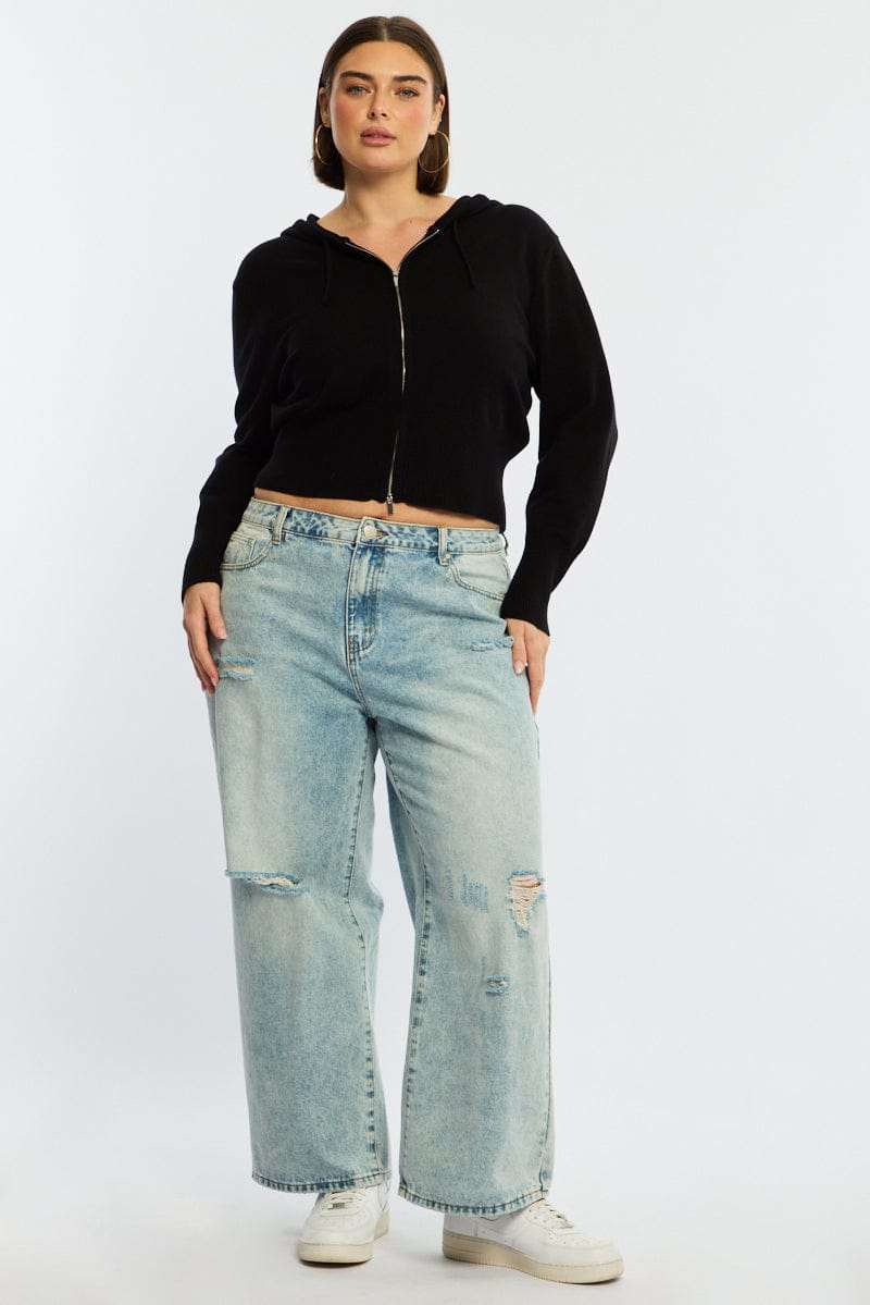 Black Zip Up Knit Cardigan Long Sleeve for YouandAll Fashion