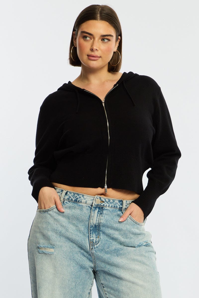 Black Zip Up Knit Cardigan Long Sleeve for YouandAll Fashion