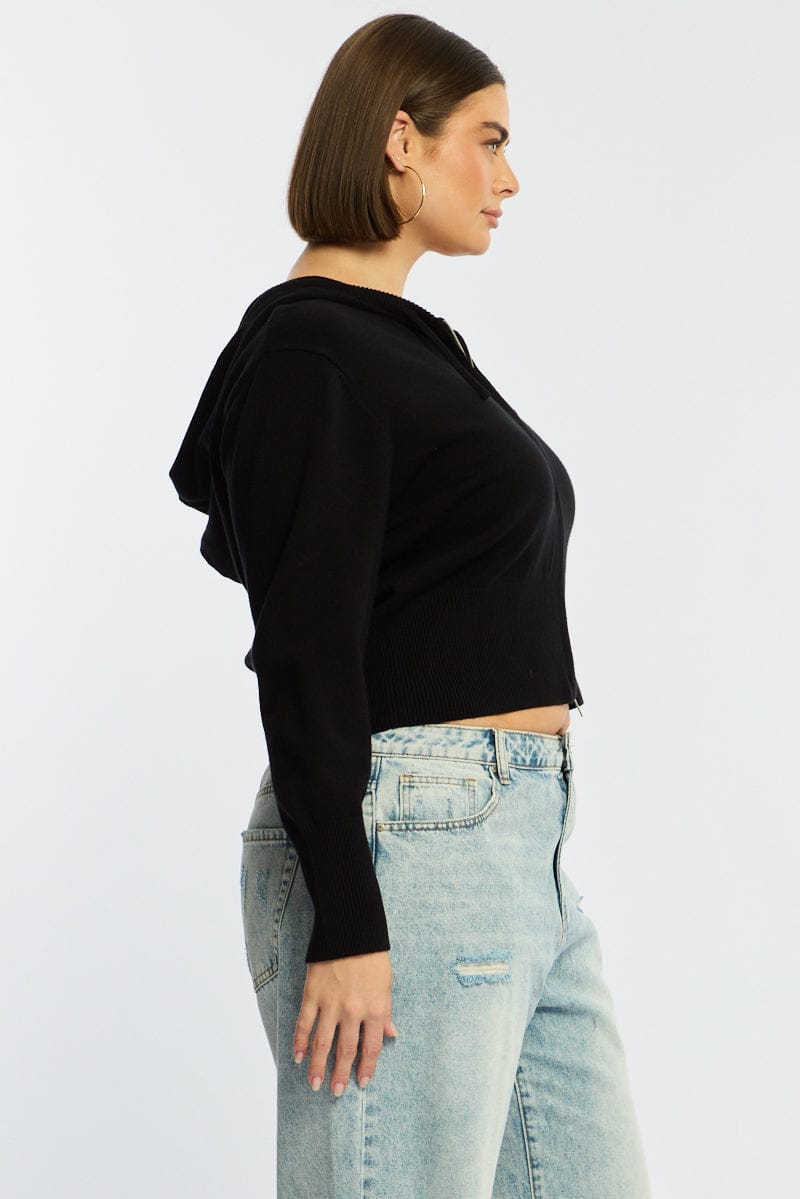 Black Zip Up Knit Cardigan Long Sleeve for YouandAll Fashion