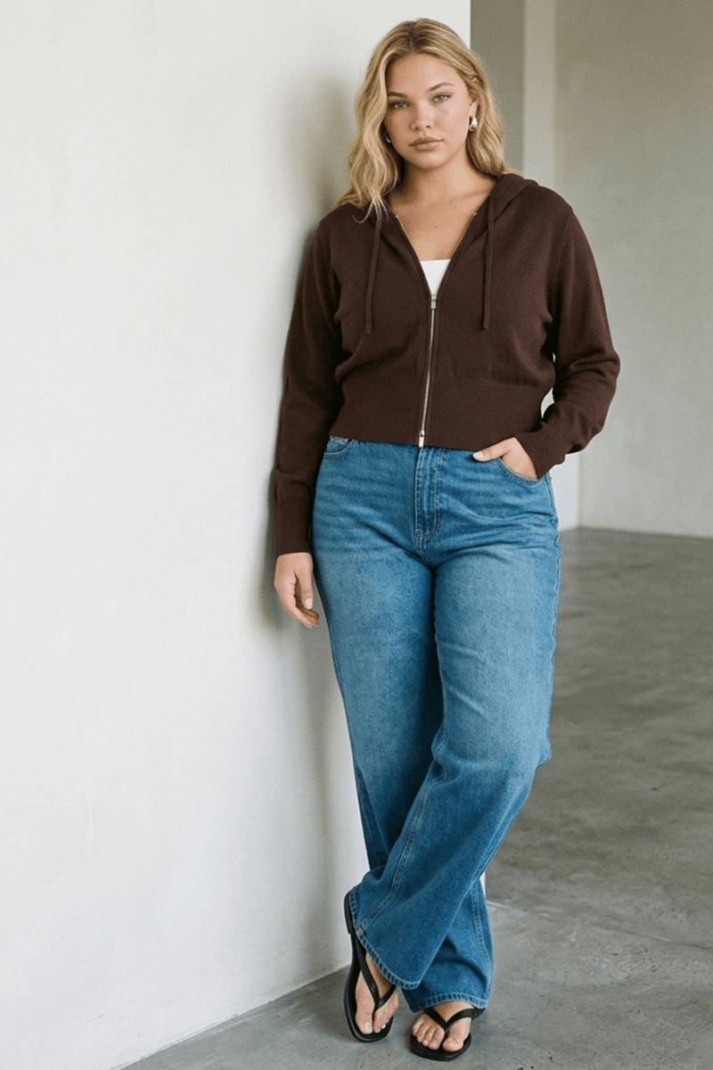 Brown Zip Up Knit Cardigan Long Sleeve