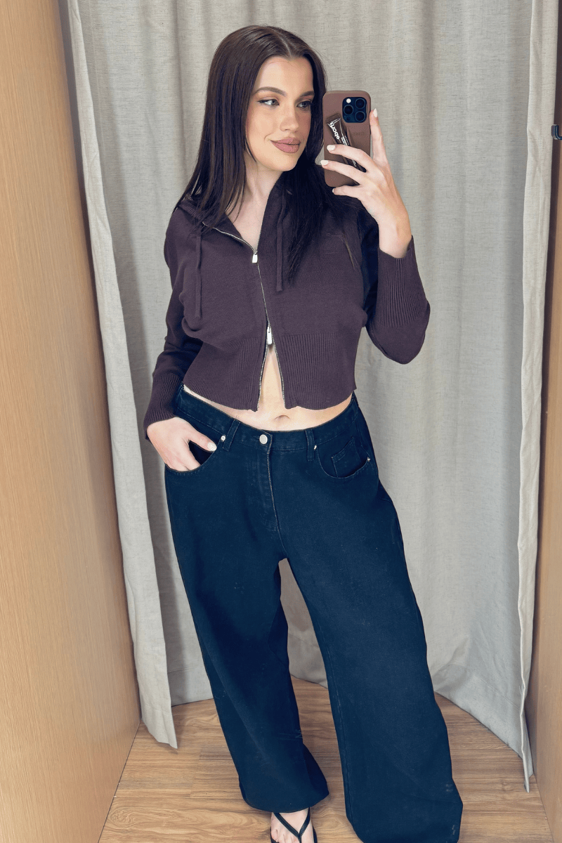 Brown Zip Up Knit Cardigan Long Sleeve for YouandAll Fashion