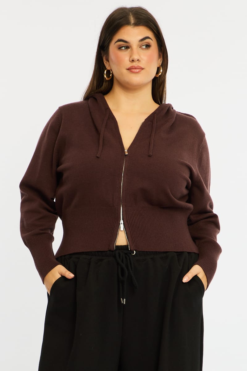 Brown Zip Up Knit Cardigan Long Sleeve for YouandAll Fashion