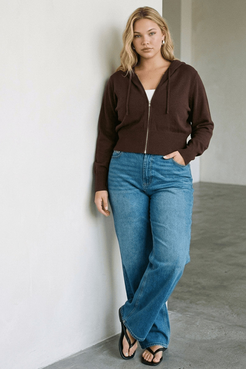 Brown Zip Up Knit Cardigan Long Sleeve for YouandAll Fashion