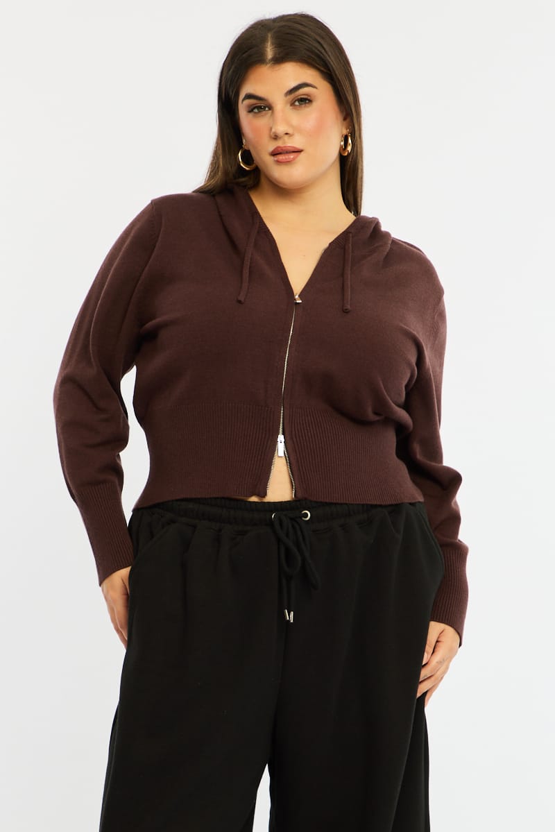Brown Zip Up Knit Cardigan Long Sleeve for YouandAll Fashion