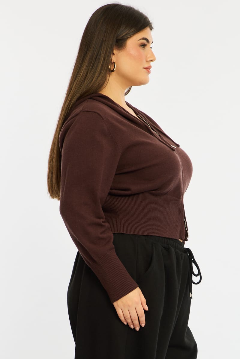 Brown Zip Up Knit Cardigan Long Sleeve for YouandAll Fashion