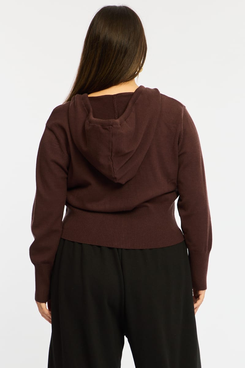 Brown Zip Up Knit Cardigan Long Sleeve for YouandAll Fashion