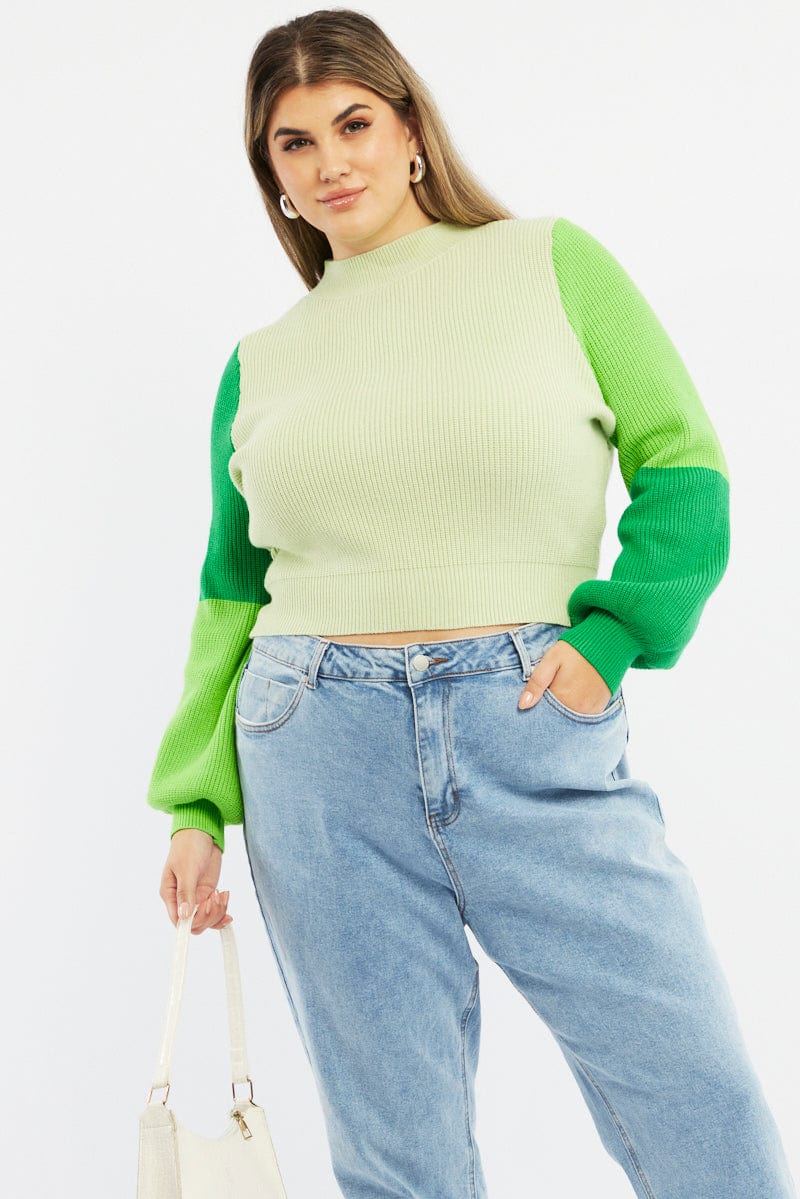Green Knit Jumper Colour Block for YouandAll Fashion