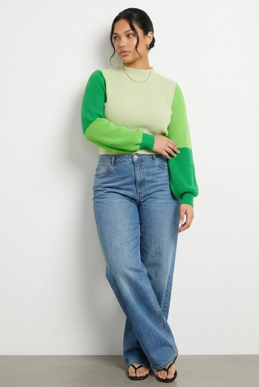 Green Knit Jumper Colour Block for YouandAll Fashion