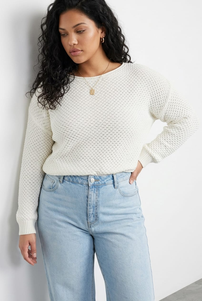 White Fishnet Knit Top Long Sleeve Crew Neck for YouandAll Fashion