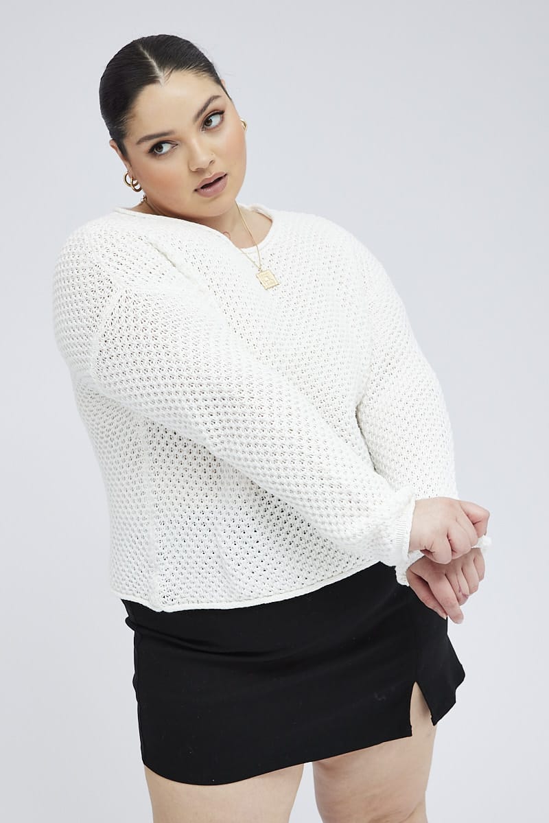 White Fishnet Knit Top Long Sleeve Crew Neck for YouandAll Fashion