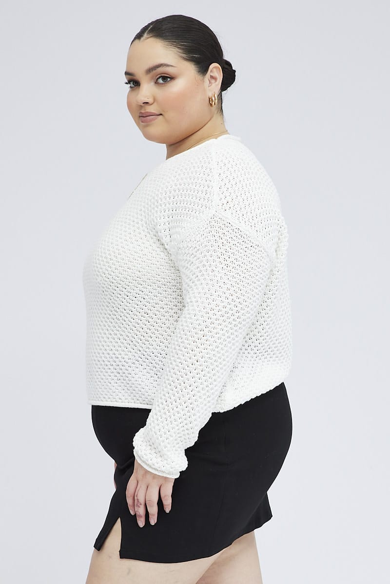 White Fishnet Knit Top Long Sleeve Crew Neck for YouandAll Fashion