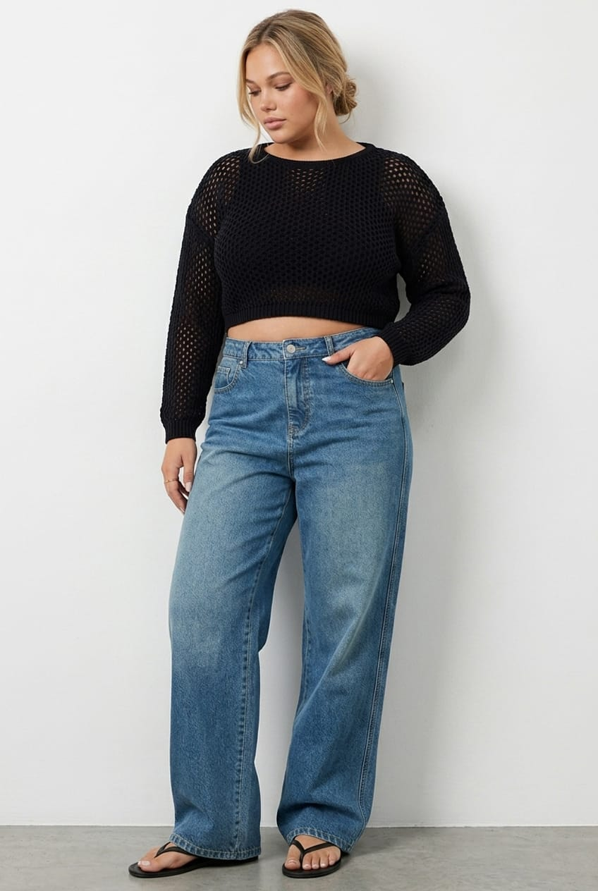 Black Knit Jumper Long Sleeve Fishnet for YouandAll Fashion