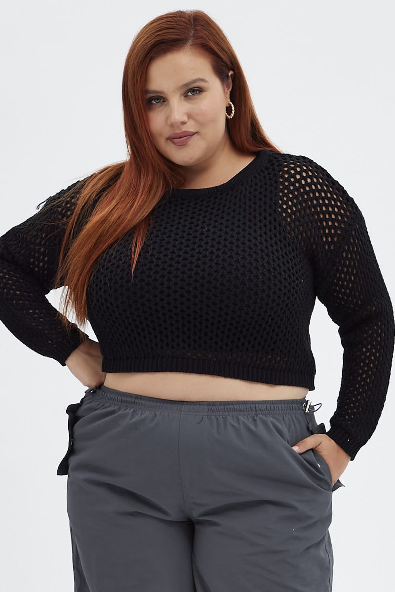 Black Knit Jumper Long Sleeve Fishnet for YouandAll Fashion