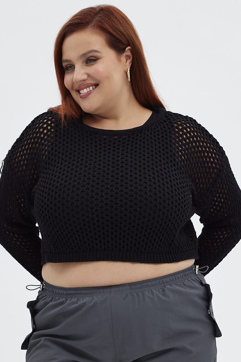 Black Knit Jumper Long Sleeve Fishnet for YouandAll Fashion