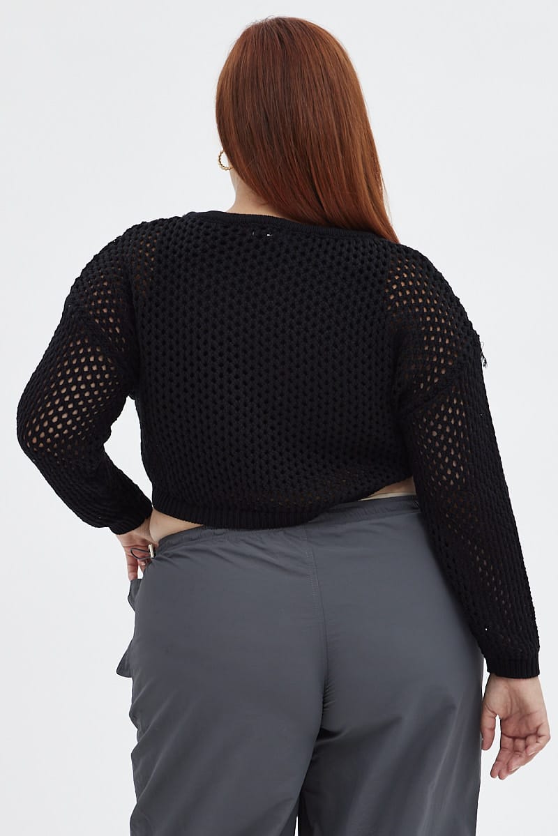 Black Knit Jumper Long Sleeve Fishnet for YouandAll Fashion