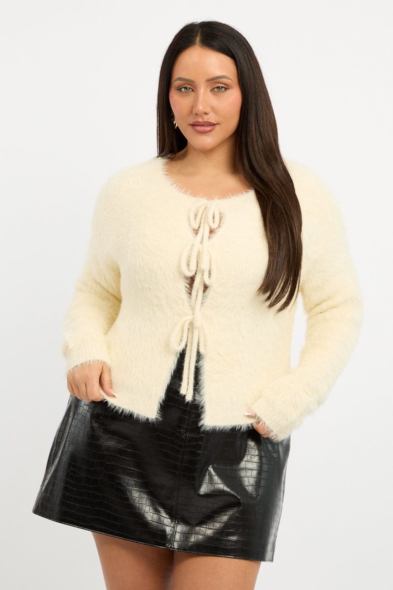 White Fluffy Knit Cardigan Tie Up Front for YouandAll Fashion