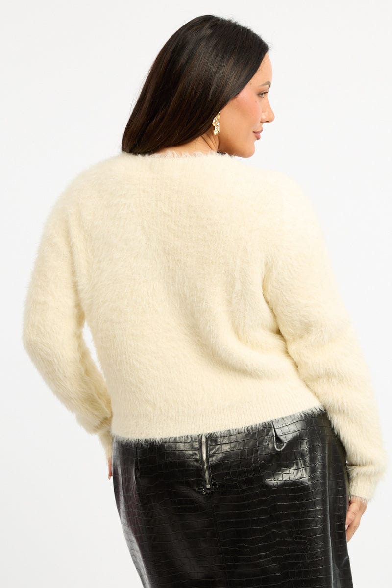 White Fluffy Knit Cardigan Tie Up Front for YouandAll Fashion