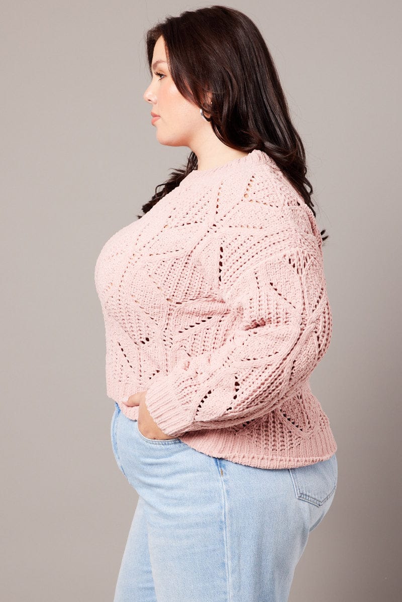 Pink Knit Jumper Long Sleeve Crew Neck Chenille for YouandAll Fashion