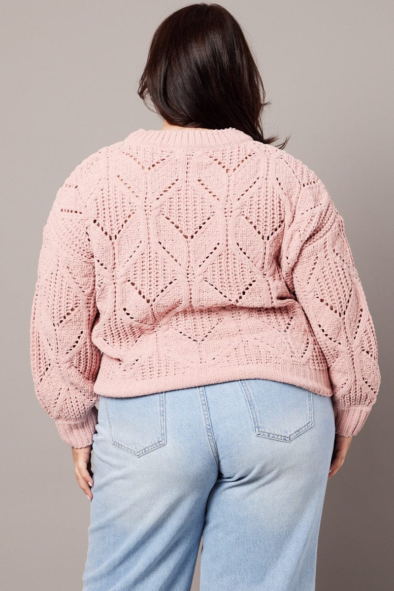 Pink Knit Jumper Long Sleeve Crew Neck Chenille for YouandAll Fashion