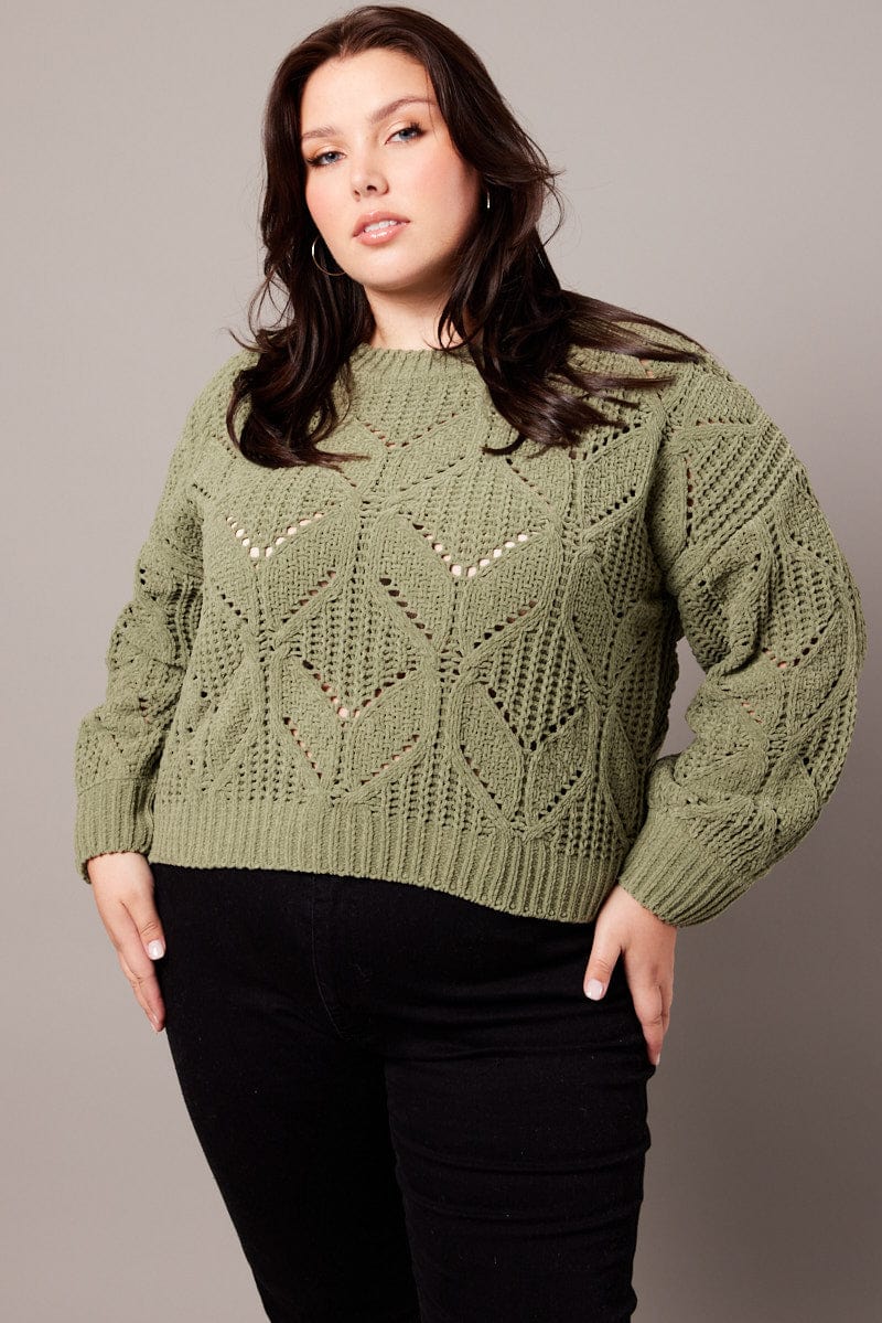 Green Knit Jumper Long Sleeve Crew Neck Chenille for YouandAll Fashion
