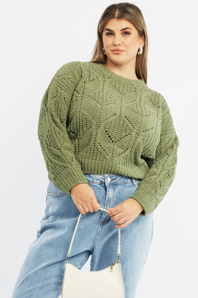 Green Knit Jumper Long Sleeve Crew Neck Chenille | You & All