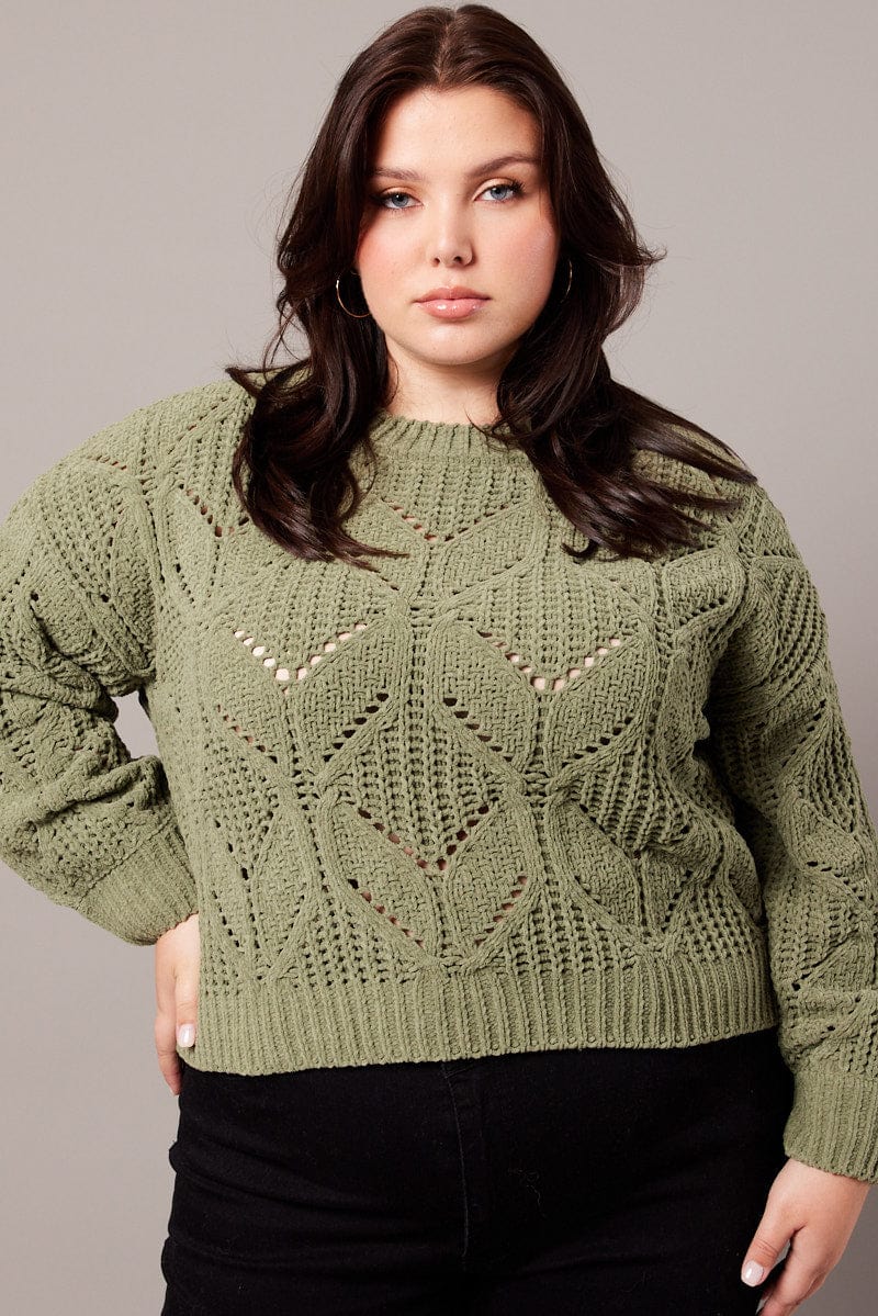 Green Knit Jumper Long Sleeve Crew Neck Chenille for YouandAll Fashion