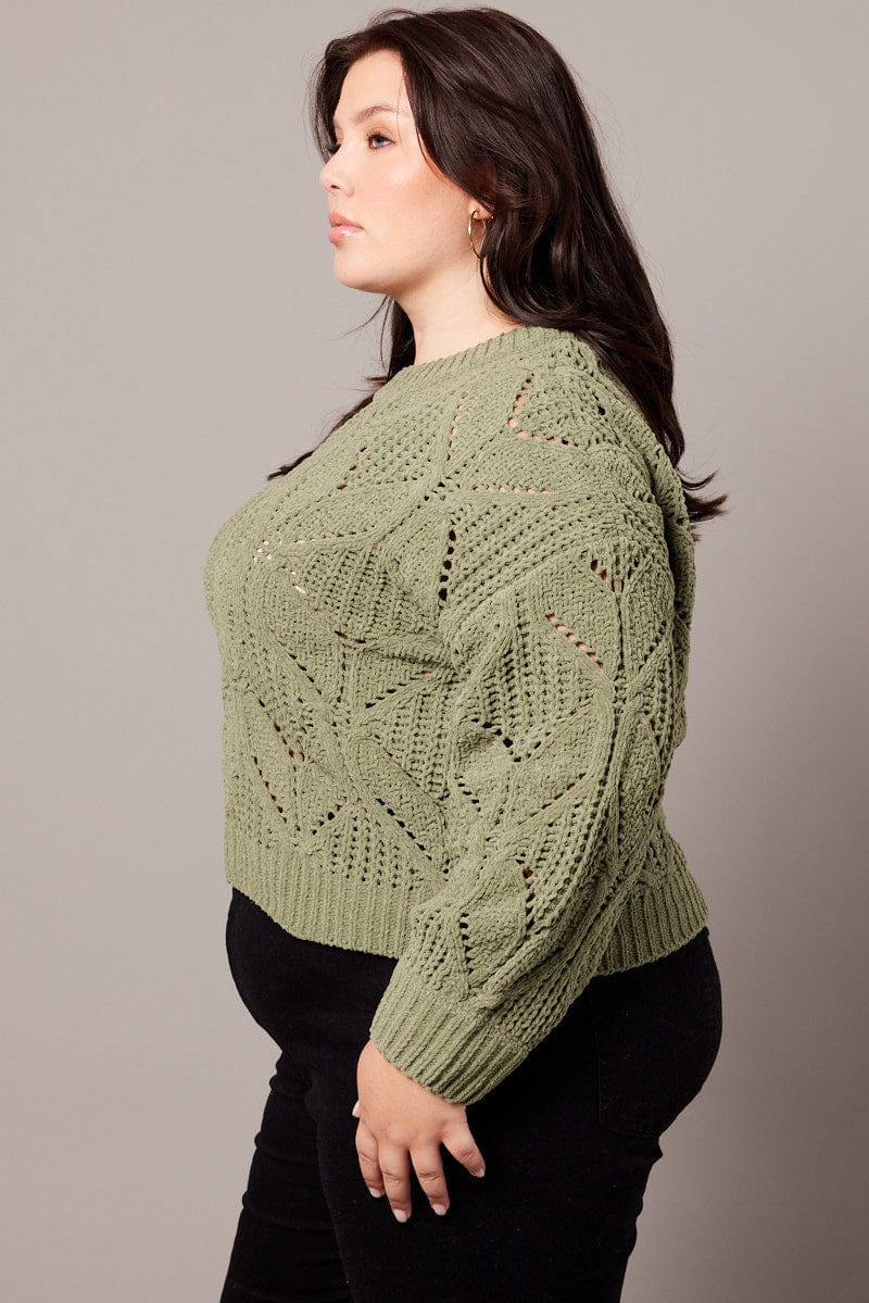 Green Knit Jumper Long Sleeve Crew Neck Chenille for YouandAll Fashion