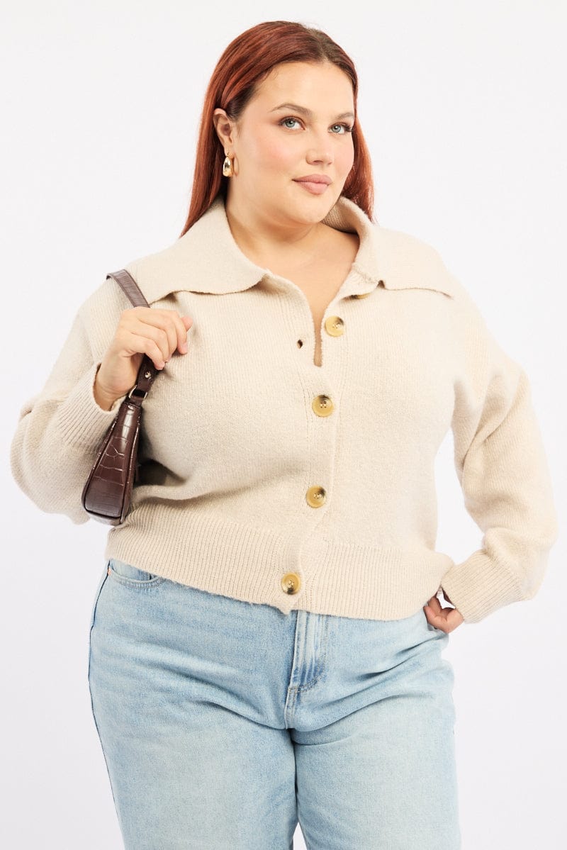 Beige Collar Knit Cardigan Long Sleeve for YouandAll Fashion