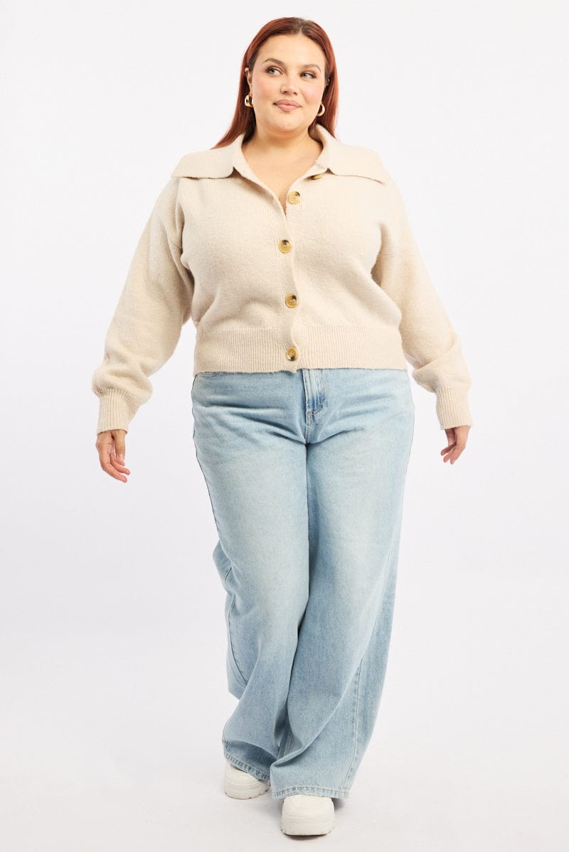 Beige Collar Knit Cardigan Long Sleeve for YouandAll Fashion