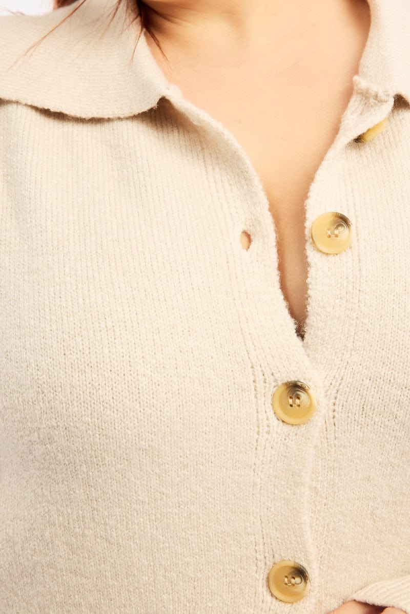 Beige Collar Knit Cardigan Long Sleeve for YouandAll Fashion