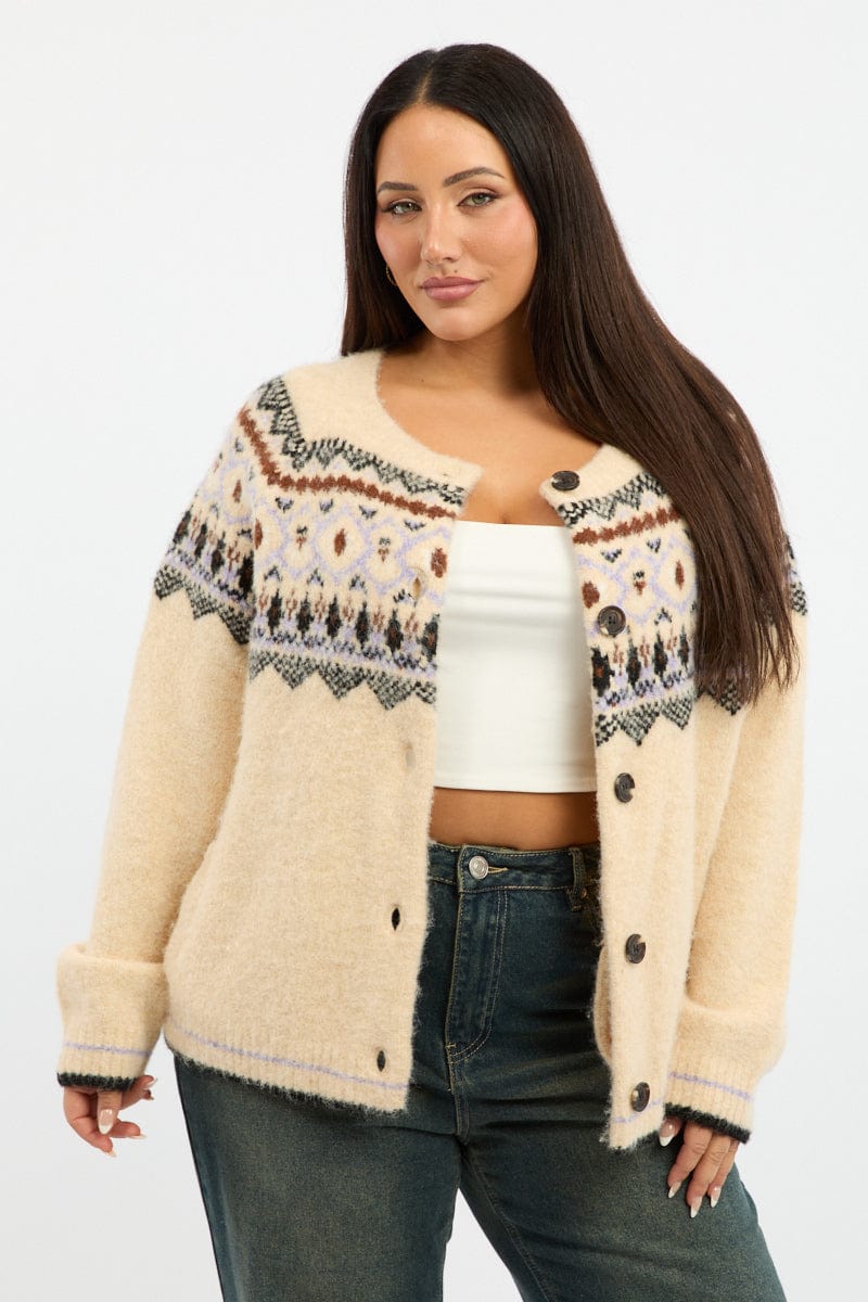 Multi Aztec Knit Cardigan Long Sleeve Crew Neck for YouandAll Fashion