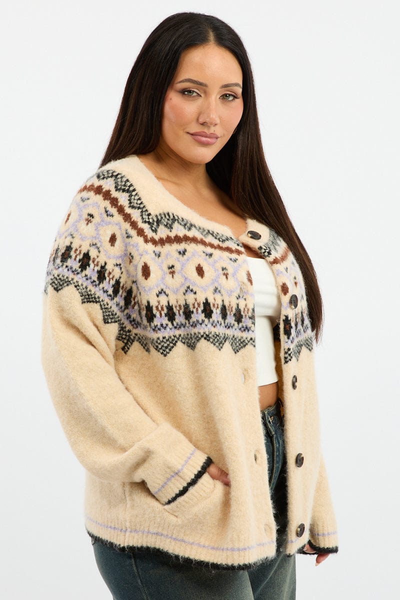 Multi Aztec Knit Cardigan Long Sleeve Crew Neck for YouandAll Fashion