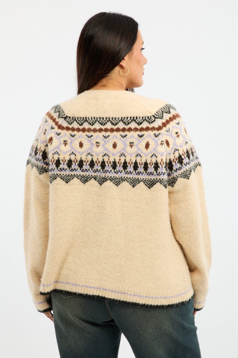 Multi Aztec Knit Cardigan Long Sleeve Crew Neck for YouandAll Fashion