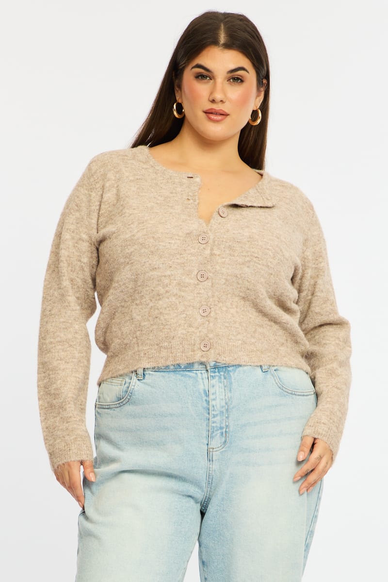 Beige Fluffy Knit Cardigan Long Sleeve for YouandAll Fashion