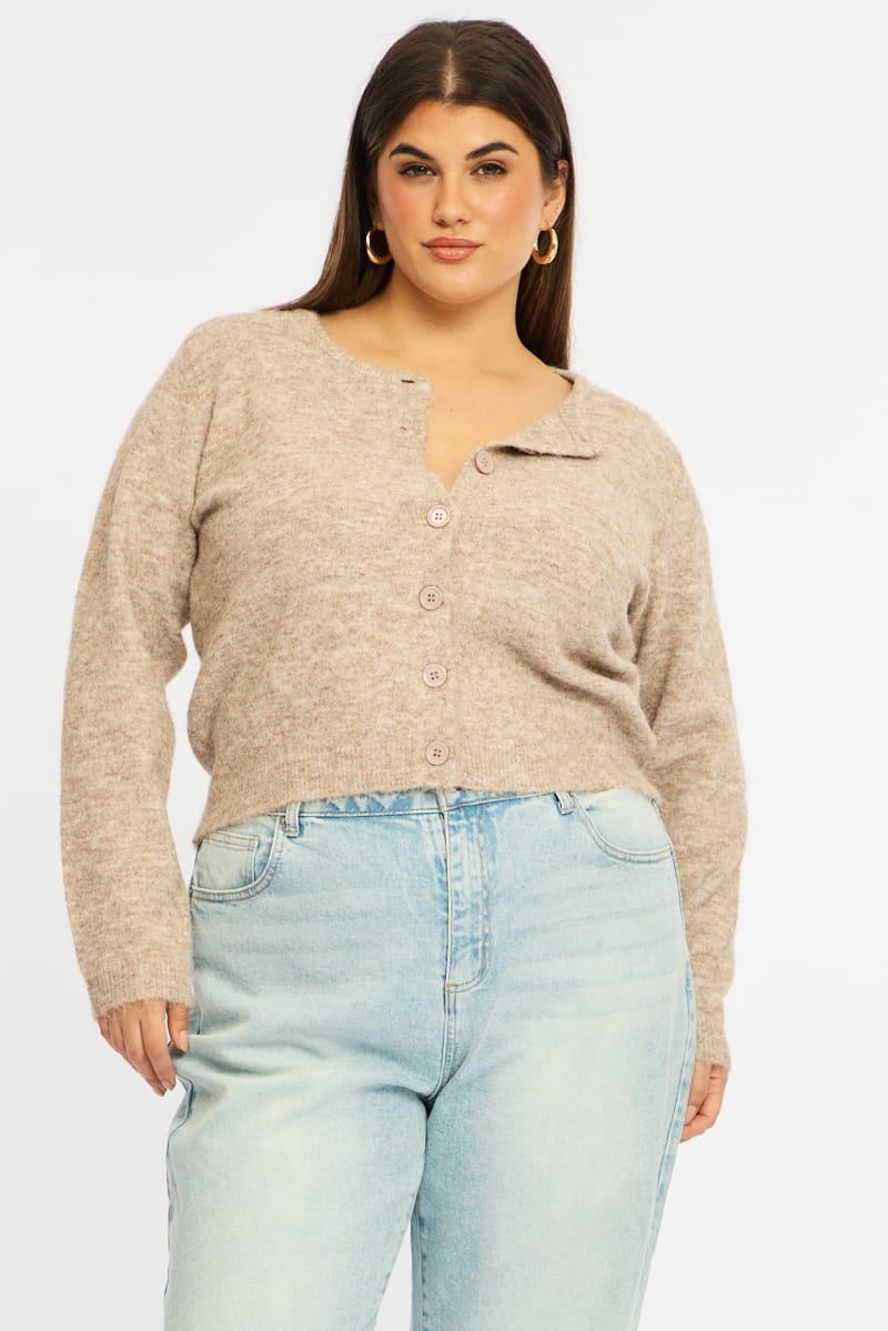 Beige Fluffy Knit Cardigan Long Sleeve for YouandAll Fashion