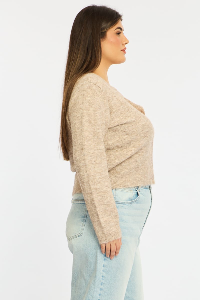 Beige Fluffy Knit Cardigan Long Sleeve for YouandAll Fashion