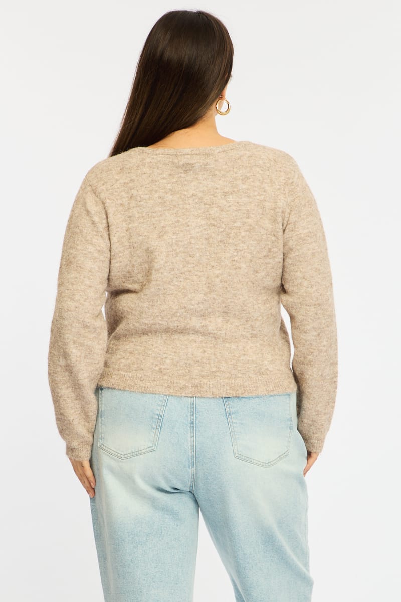 Beige Fluffy Knit Cardigan Long Sleeve for YouandAll Fashion