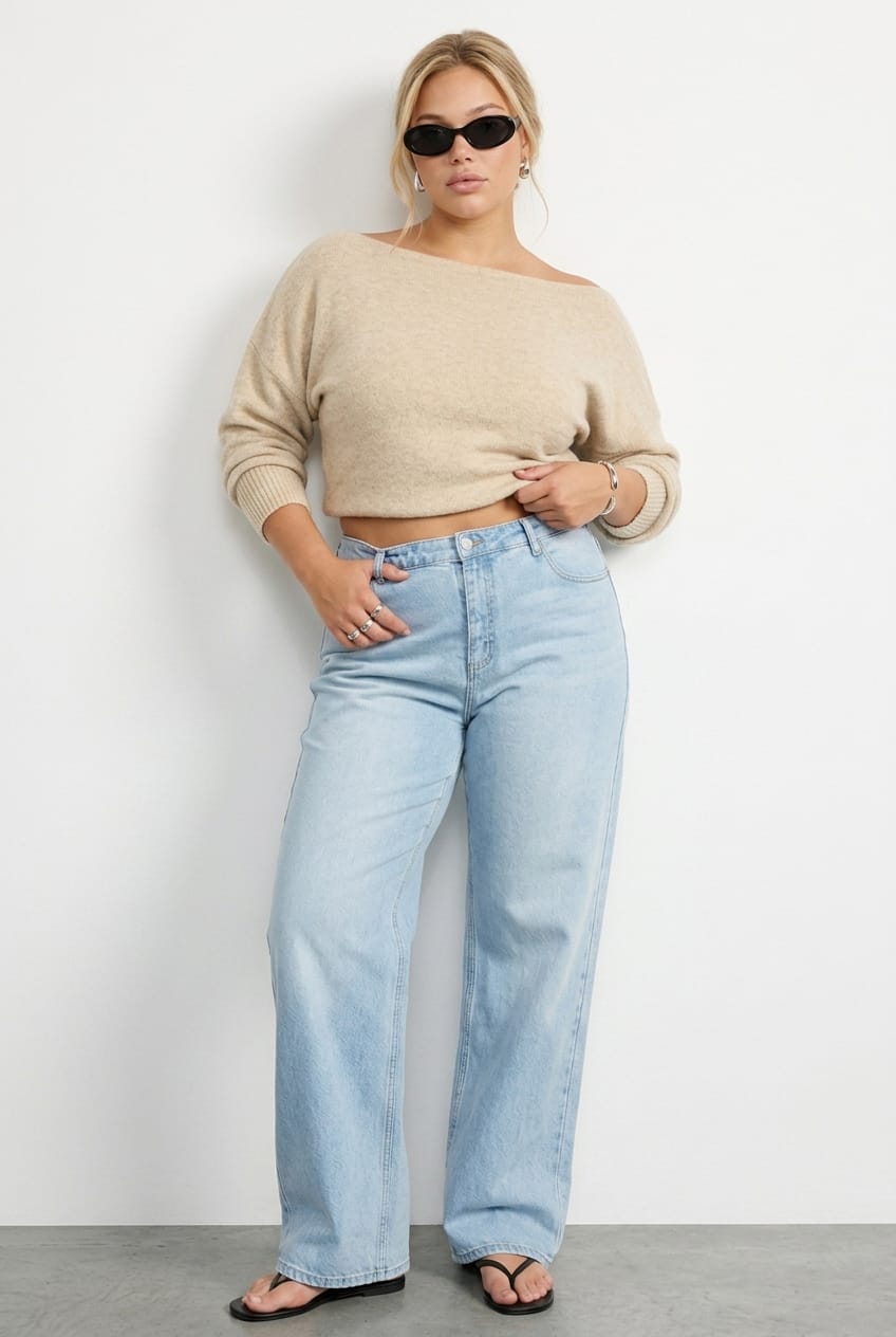 Beige Knit Top Long Sleeve Batwing