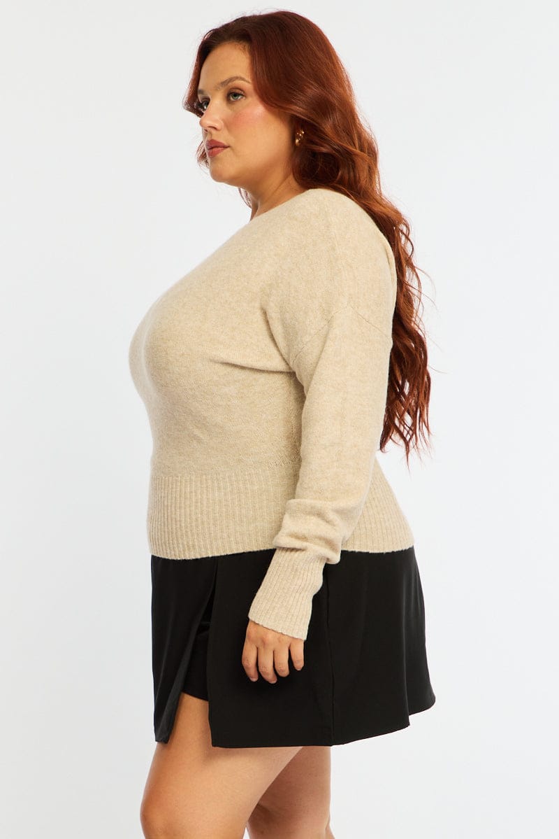 Beige Knit Top Long Sleeve Batwing for YouandAll Fashion