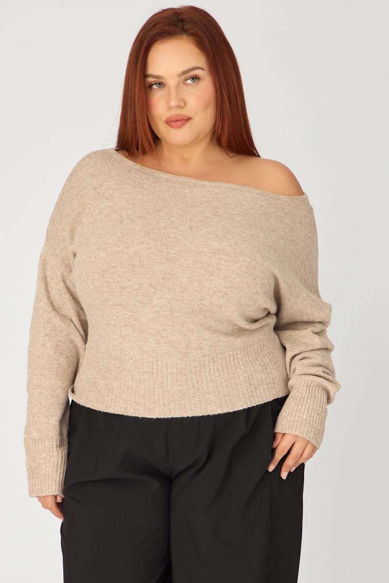 Beige Off Shoulder Long Sleeve Knit for YouandAll Fashion