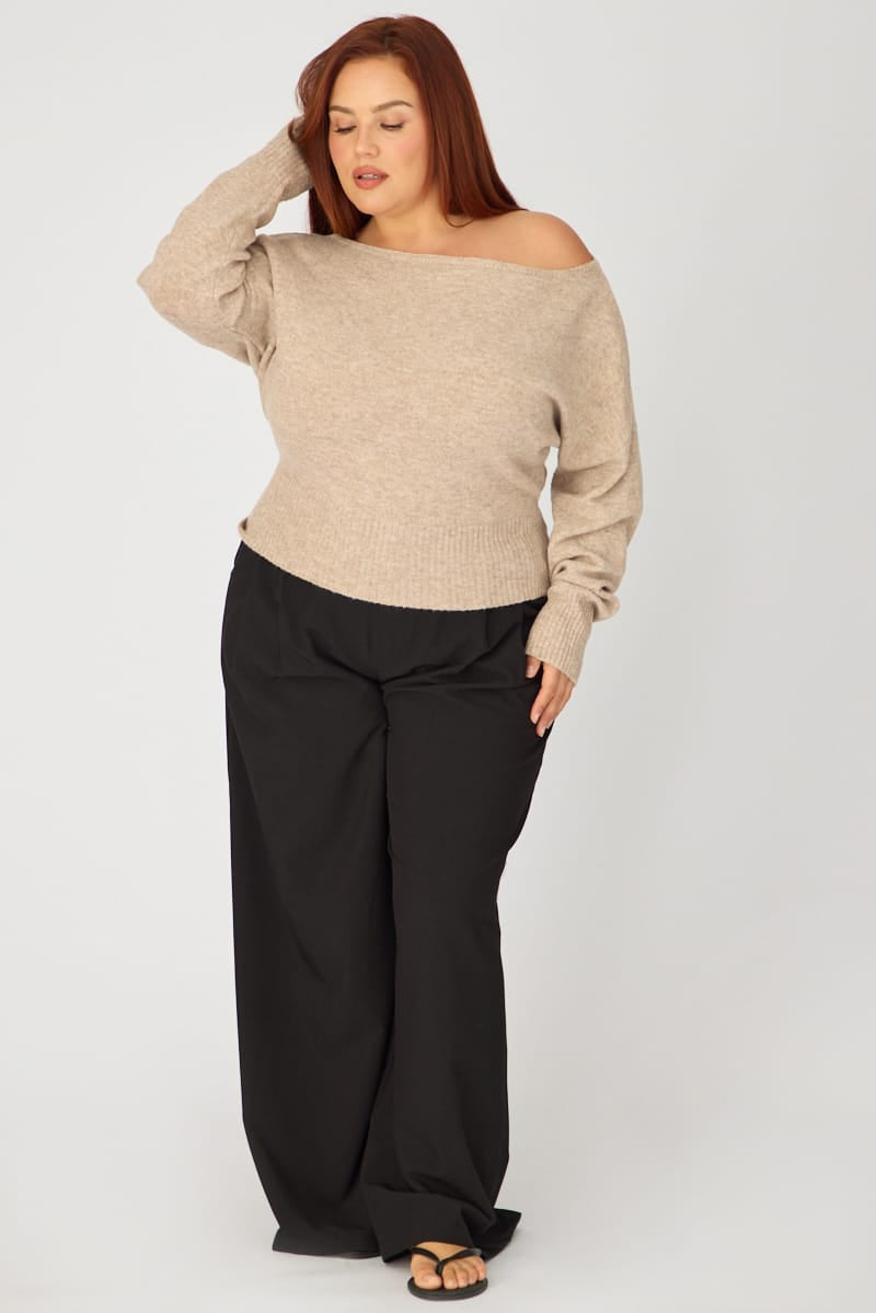 Beige Off Shoulder Long Sleeve Knit for YouandAll Fashion