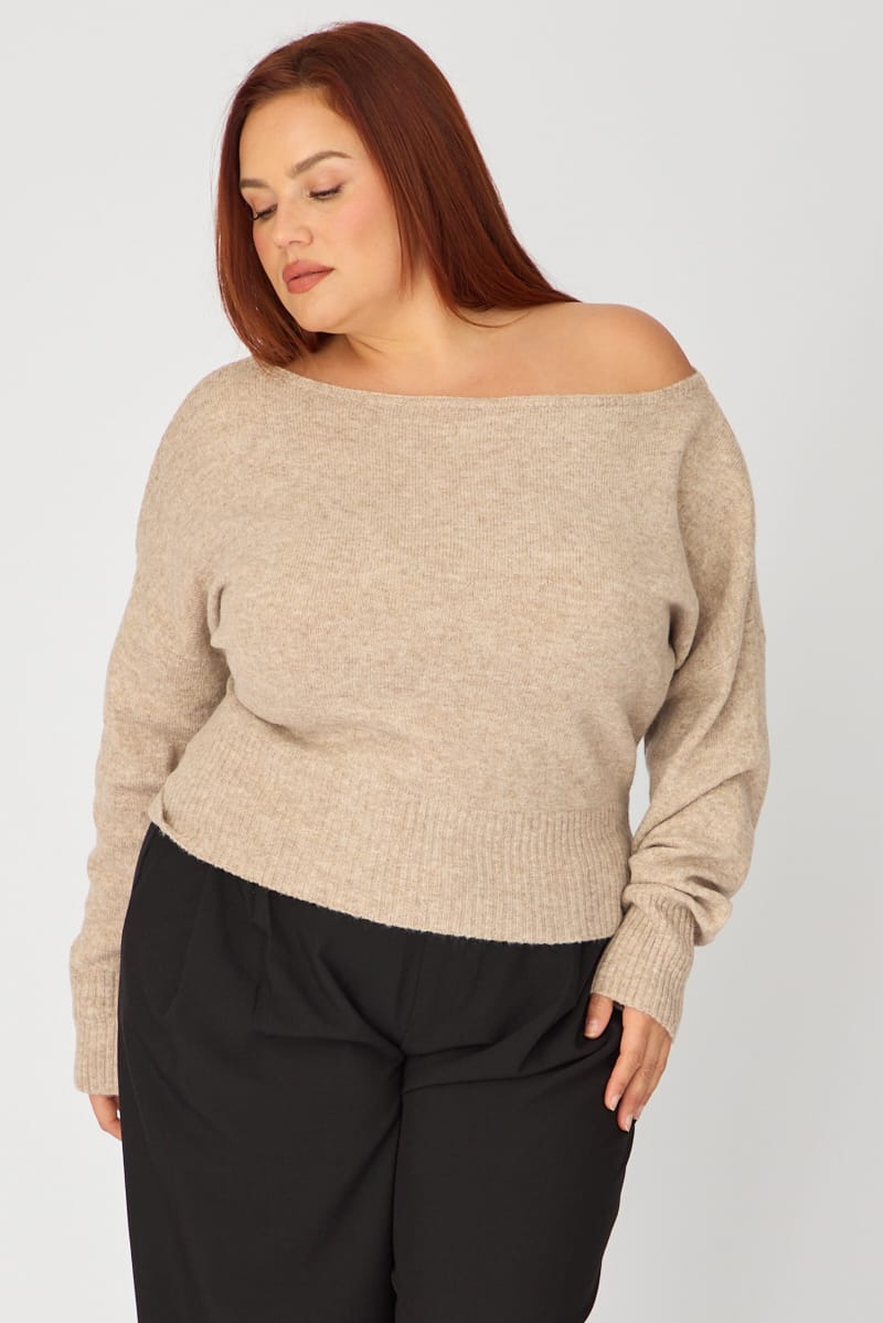 Beige Off Shoulder Long Sleeve Knit for YouandAll Fashion